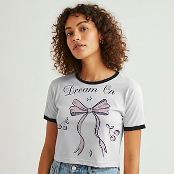 Juniors' Grayson Threads The Label Dream On Bow And Cherries Graphic Ringer Baby Tee