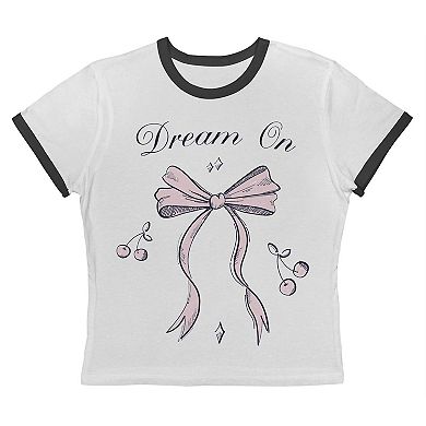 Juniors' Grayson Threads The Label Dream On Bow And Cherries Graphic Ringer Baby Tee