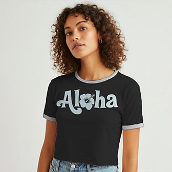 Juniors' Grayson Threads The Label Aloha Hawaiian Flower Graphic Ringer Baby Tee