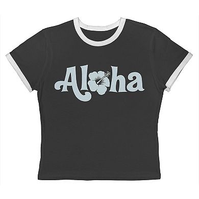 Juniors' Grayson Threads The Label Aloha Hawaiian Flower Graphic Ringer Baby Tee