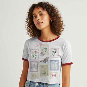 Juniors' Grayson Threads The Label Floral Stamps Collage Graphic Ringer Baby Tee