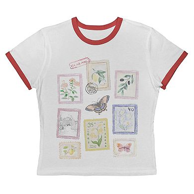 Juniors' Grayson Threads The Label Floral Stamps Collage Graphic Ringer Baby Tee