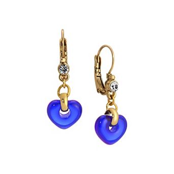1928 Gold Tone Glass Heart Drop Earrings