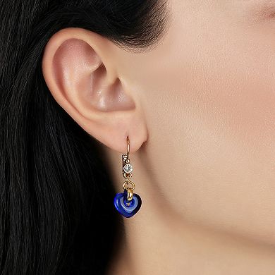 1928 Gold Tone Glass Heart Drop Earrings