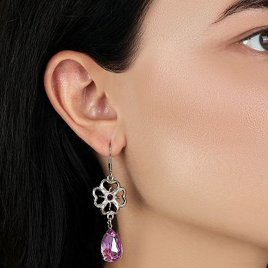 1928 Silver Tone Flower Crystal Teardrop Earrings