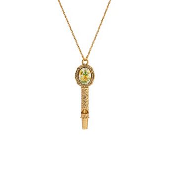1928 Gold Tone Flower Decal Pendant Necklace