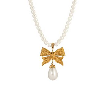 1928 Gold Tone Simulated Pearl Bow Pendant Necklace
