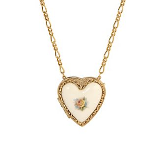 1928 Gold Tone Porcelain Heart Locket Pendant Necklace
