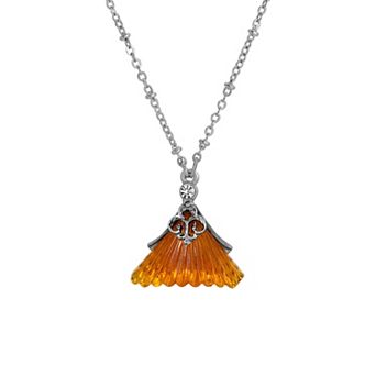 1928 Silver Tone Fluted Triangle Glass Pendant Necklace