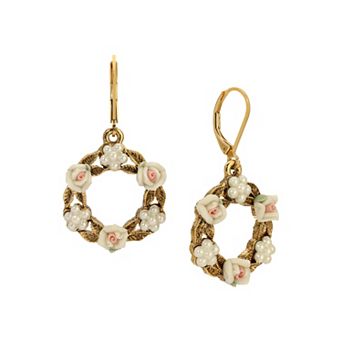 1928 Gold Tone Simulated Pearl Flower Earrings