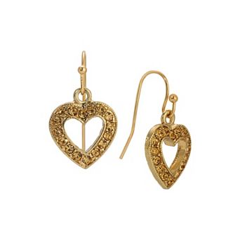 1928 Gold Tone Heart Bead Drop Wire Earrings