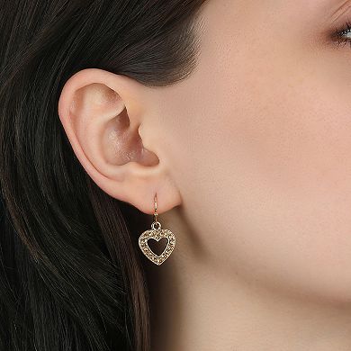 1928 Gold Tone Heart Bead Drop Wire Earrings