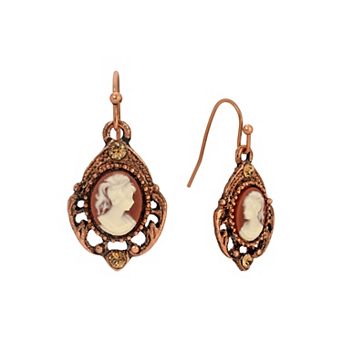 1928 Copper Tone Oval Cameo Crystal Earrings