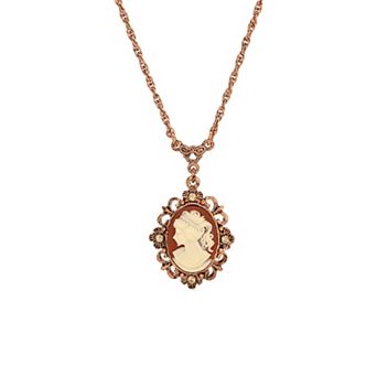 1928 Copper Tone Oval Cameo Crystal Pendant Necklace