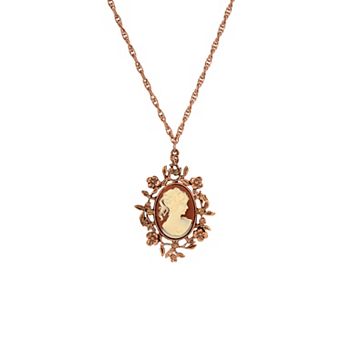 1928 Copper Tone Oval Floral Cameo Crystal Pendant Necklace
