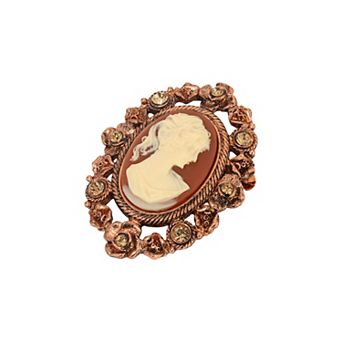 1928 Copper Tone Oval Cameo Crystal Brooch