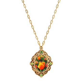 1928 Gold Tone Oval Tulip Decal Pendant Necklace