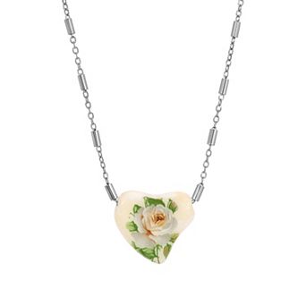1928 Silver Tone Heart Flower Pendant Necklace