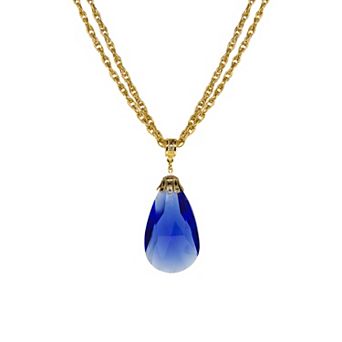 1928 Gold Tone Blue Drop Pendant Necklace