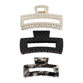 Emberly 3-Pack Simulated Pearl, Quilted Black & Marble Hair Clip Set