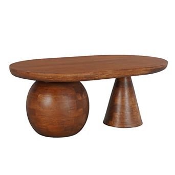 Leeds Coffee Table, 38" Handmade Walnut Brown Mango Wood Oval Top, Round Ball and Cone Base