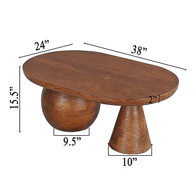 Leeds Coffee Table, 38" Handmade Walnut Brown Mango Wood Oval Top, Round Ball and Cone Base
