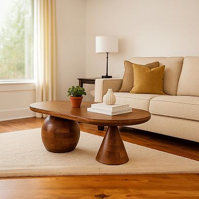 Leeds Coffee Table, 38" Handmade Walnut Brown Mango Wood Oval Top, Round Ball and Cone Base