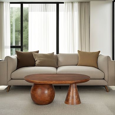 Leeds Coffee Table, 38" Handmade Walnut Brown Mango Wood Oval Top, Round Ball and Cone Base