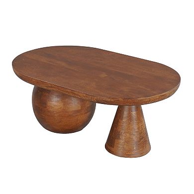Leeds Coffee Table, 38" Handmade Walnut Brown Mango Wood Oval Top, Round Ball and Cone Base