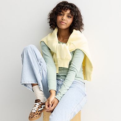 Juniors' SO® Button-Front Pointelle Long Sleeve Top