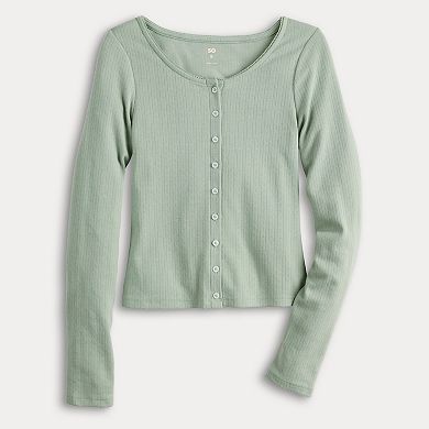 Juniors' SO® Button-Front Pointelle Long Sleeve Top