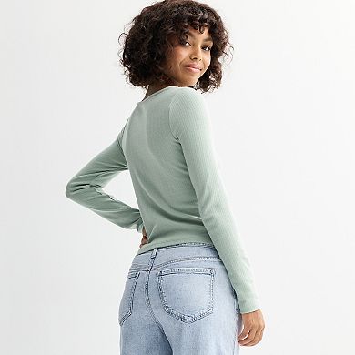 Juniors' SO® Button-Front Pointelle Long Sleeve Top