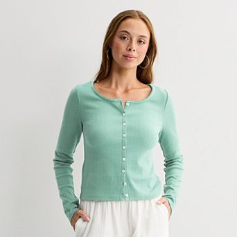 Juniors' SO® Button-Front Pointelle Long Sleeve Top