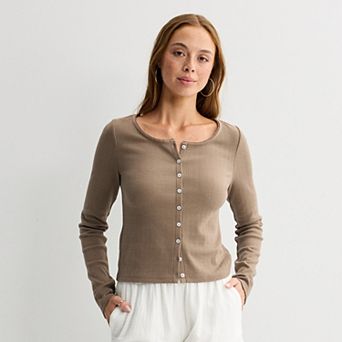 Juniors' SO® Button-Front Pointelle Long Sleeve Top