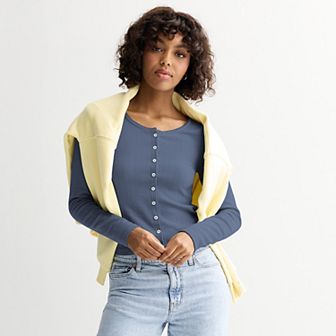 Juniors' SO® Button-Front Pointelle Long Sleeve Top