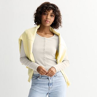 Juniors' SO® Button-Front Pointelle Long Sleeve Top