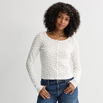 Juniors' SO® Button-Front Pointelle Long Sleeve Top