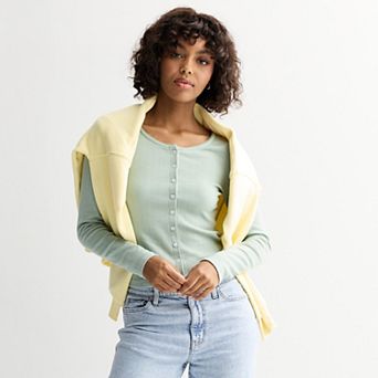 Juniors' SO® Button-Front Pointelle Long Sleeve Top