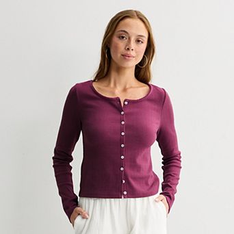 Juniors' SO® Button-Front Pointelle Long Sleeve Top