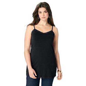 Roaman's Women's Plus Size Lace Trim Knit Cami With Adjustable Straps