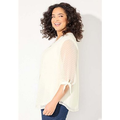 Catherines Women's Plus Size Petite Swiss Dot Tie Sleeve Blouse