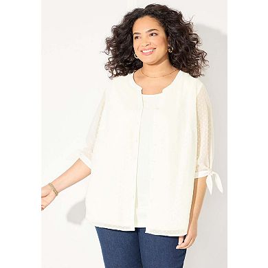 Catherines Women's Plus Size Petite Swiss Dot Tie Sleeve Blouse