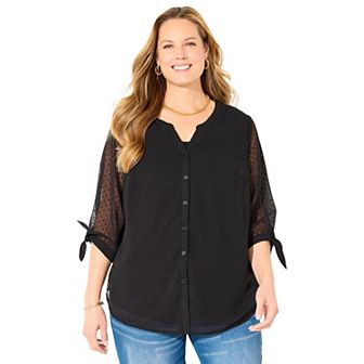 Catherines Women's Plus Size Petite Swiss Dot Tie Sleeve Blouse