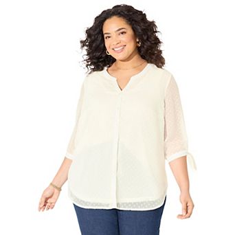 Catherines Women's Plus Size Petite Swiss Dot Tie Sleeve Blouse
