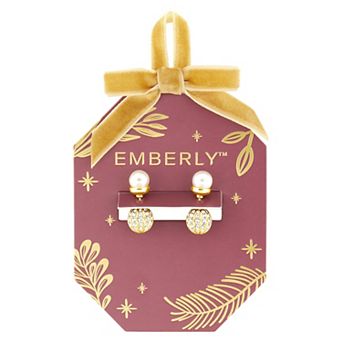 Emberly Gold-Tone Glass Simulated Stone Ball & Simulated Pearl Front to Back Earrings