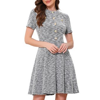 Plaid Tweed Dress for Women's Round Neck Short Sleeve A-Line Vintage Mini Dresses