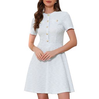 Plaid Tweed Dress for Women's Round Neck Short Sleeve A-Line Vintage Mini Dresses