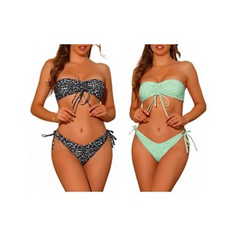 2 Sets Women's Floral Print Bandeau Bikini Sets, Tie Side Triangle Bottoms Swimwear Bathing Suits