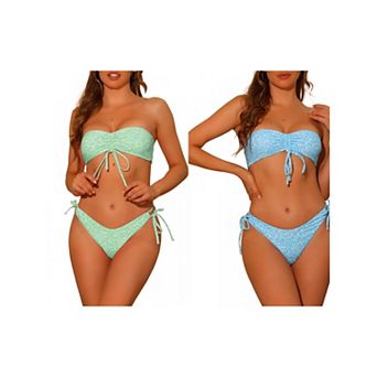 2 Sets Women's Floral Print Bandeau Bikini Sets, Tie Side Triangle Bottoms Swimwear Bathing Suits