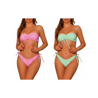 2 Sets Women's Floral Print Bandeau Bikini Sets, Tie Side Triangle Bottoms Swimwear Bathing Suits